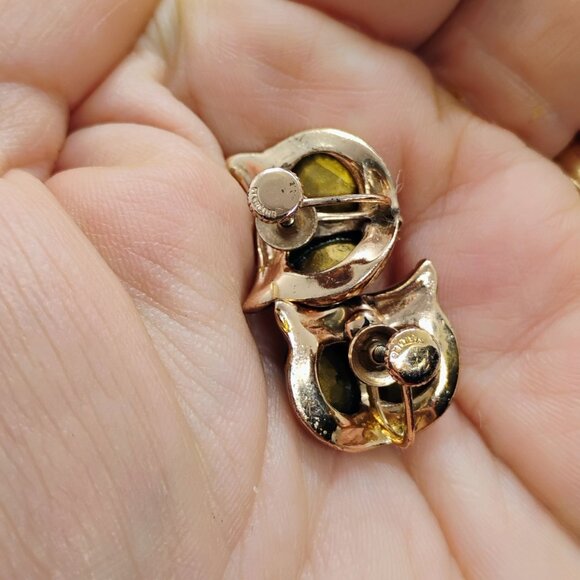 Vtg Coro Sterling Silver Green Owl Brooch/ Fur Clip & Screw Back Earrings Set - Picture 7 of 12